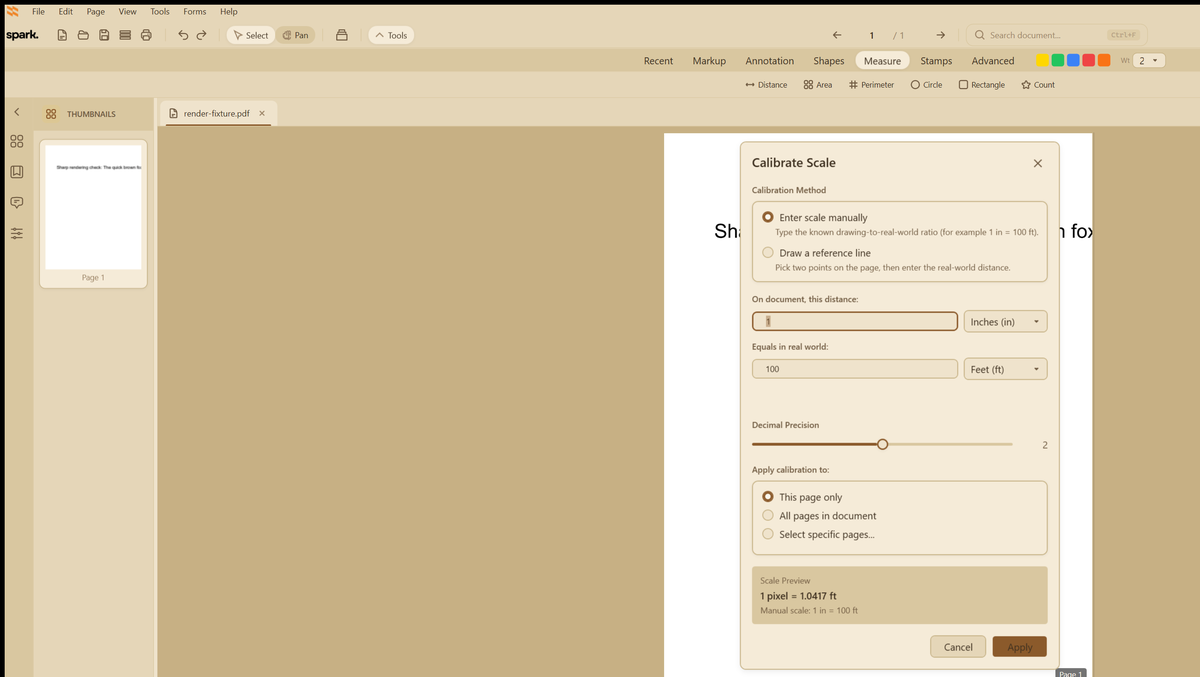 Spark Calibrate Scale dialog — manual ratio or reference-line drawing-to-real-world calibration