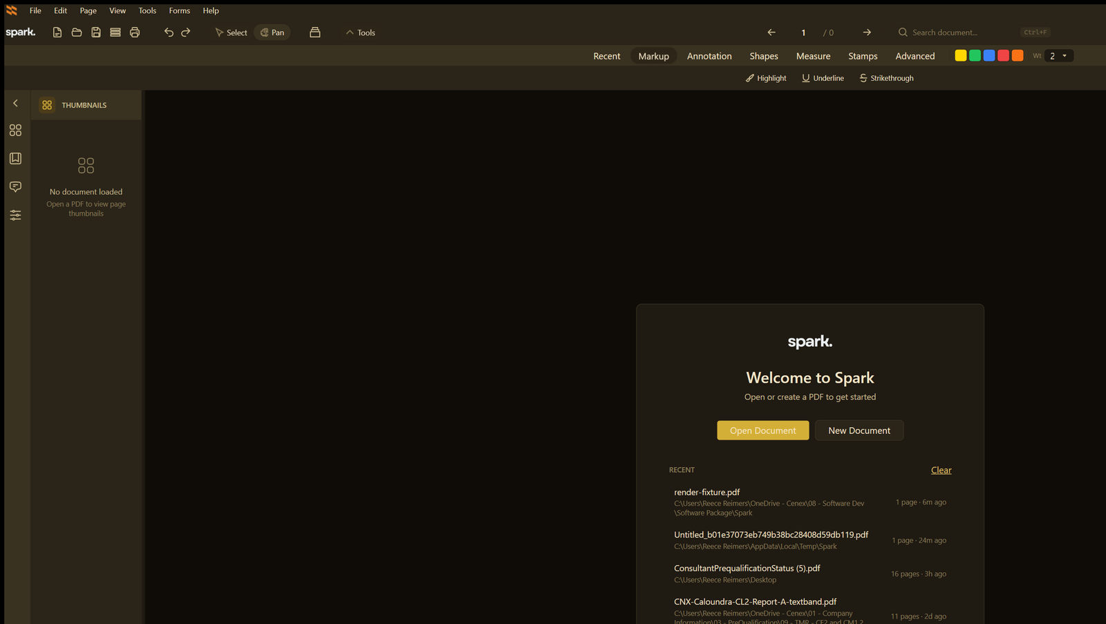 Spark — PDF editor welcome screen with recent documents