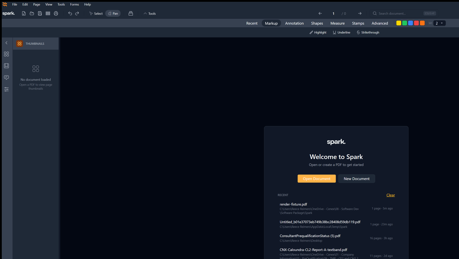 Spark welcome screen — open or create a PDF to get started