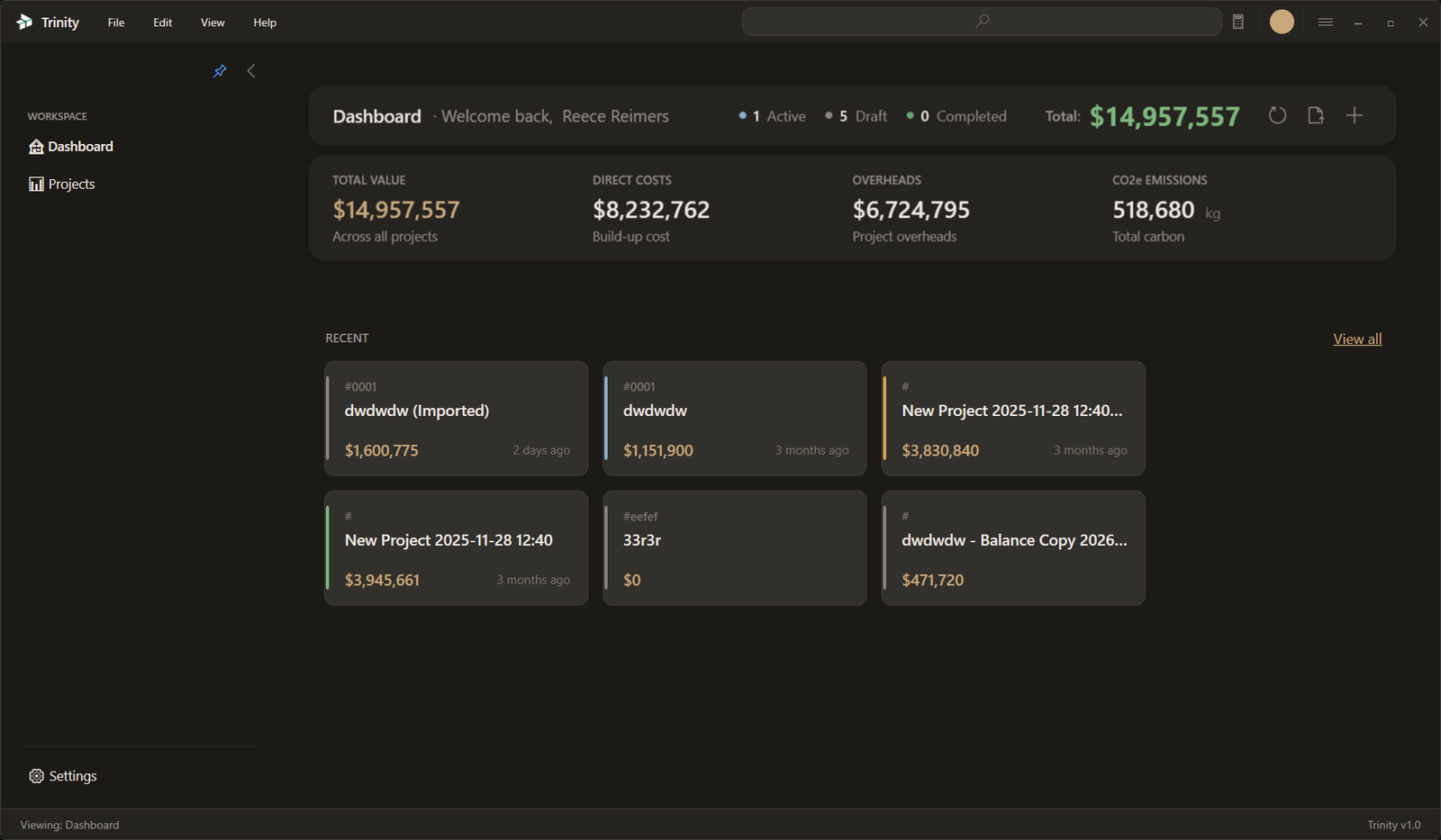 Trinity dashboard — project KPIs, cost totals, and recent projects