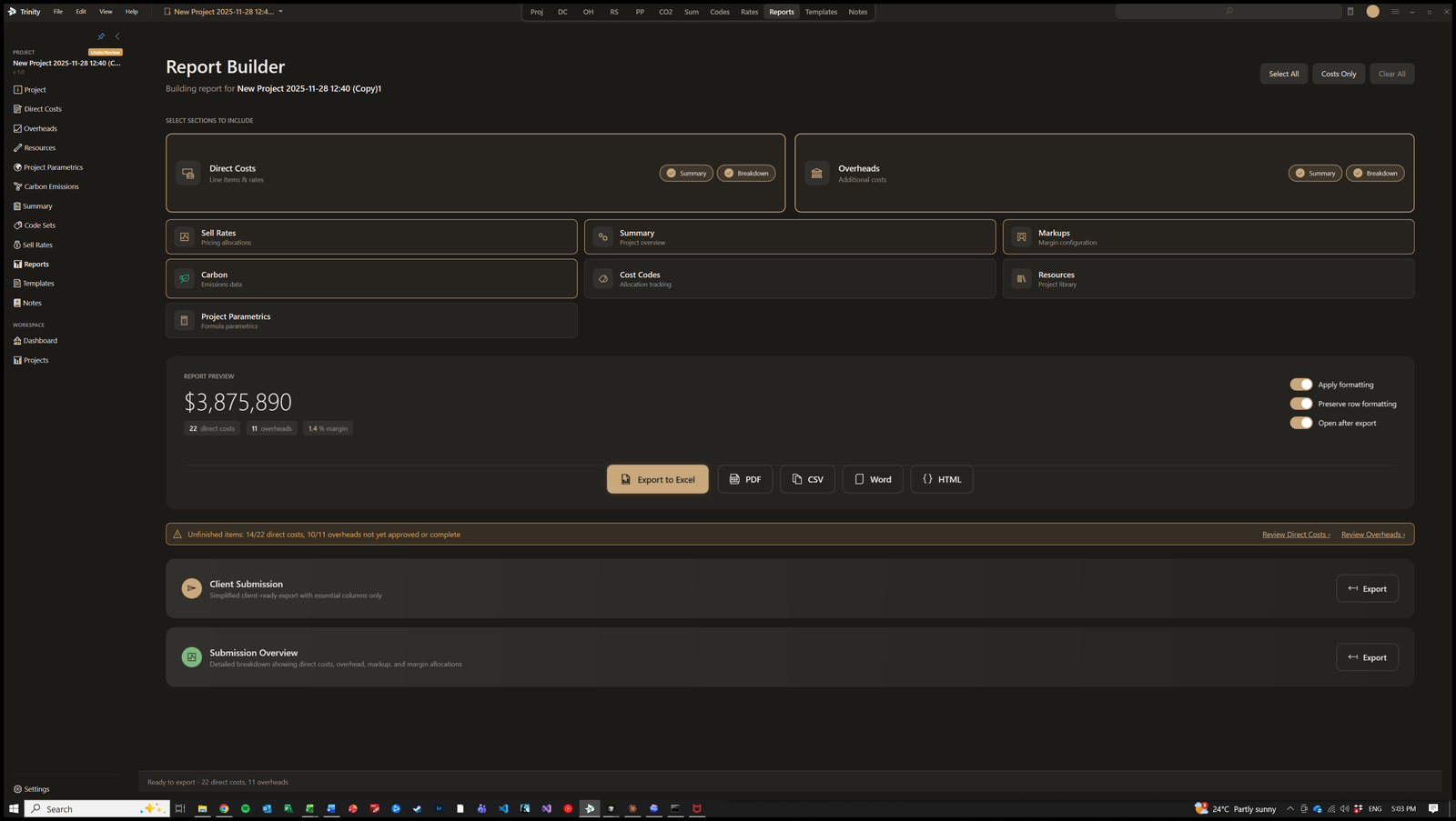 Trinity Report Builder — section toggles and Excel/PDF/CSV/Word/HTML export
